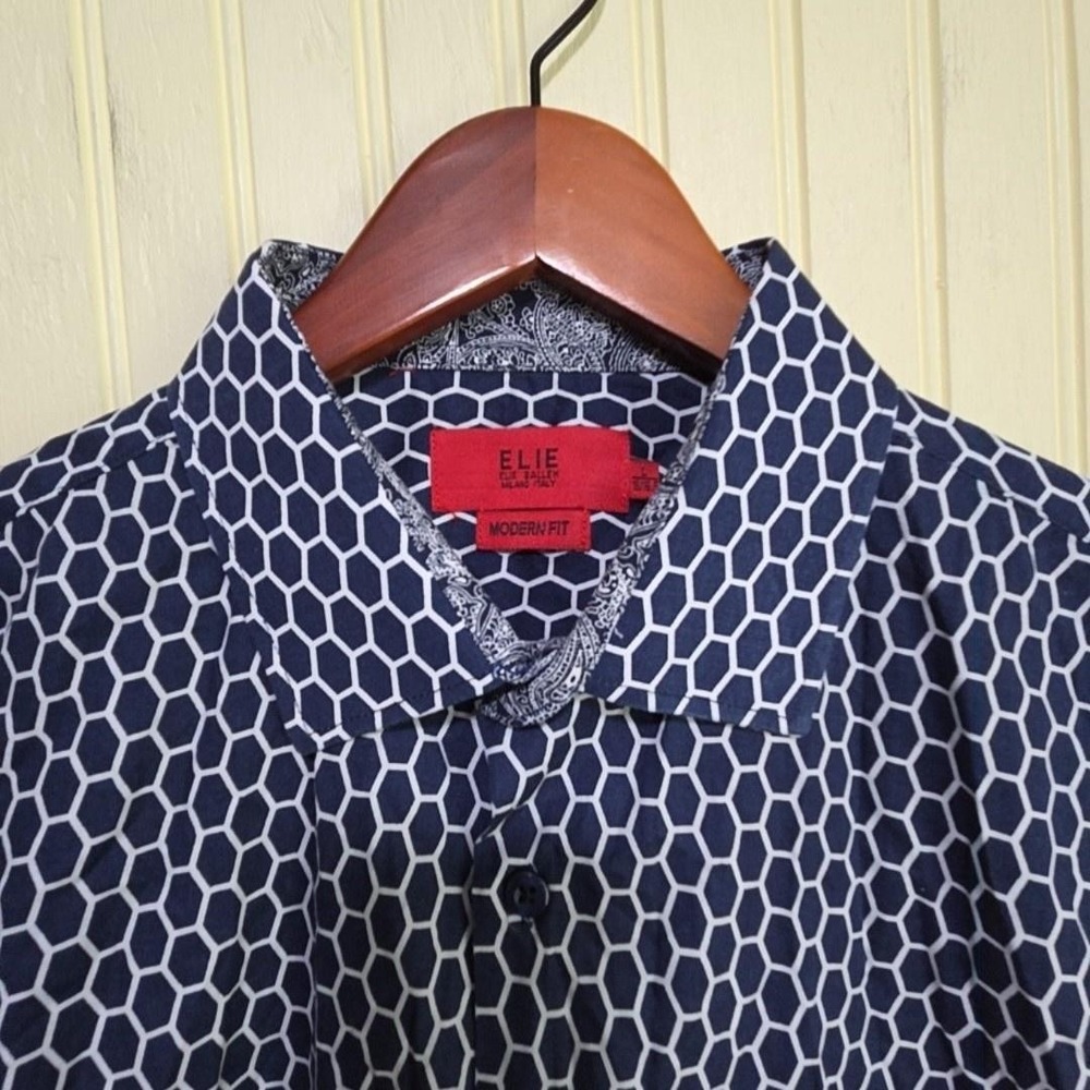 ELIE Shirt Mens Large Blue Geometric Long‎ Sleeve Button Up Modern Fit Casual